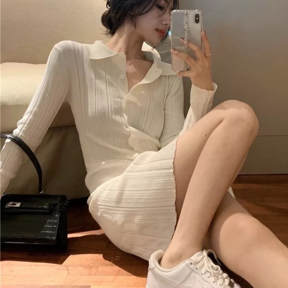 Cardigan sweater dress collar button cream white long top